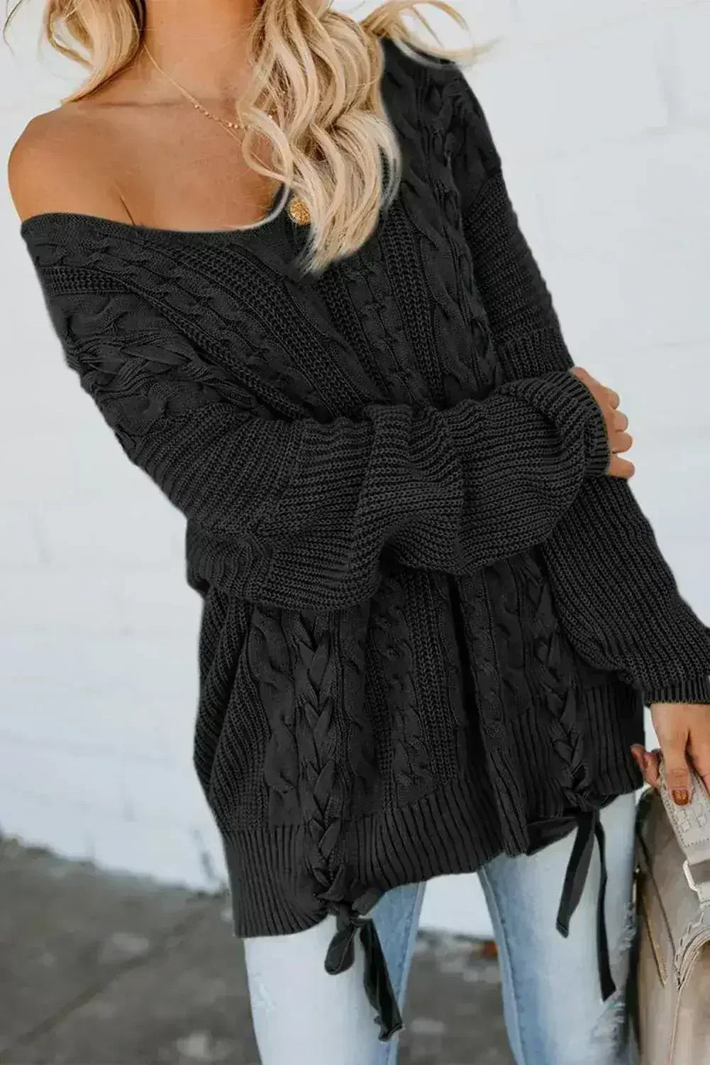 Black Love Letters Lace Up Cable Knit Sweater - SJB-DIAMOND ELITES