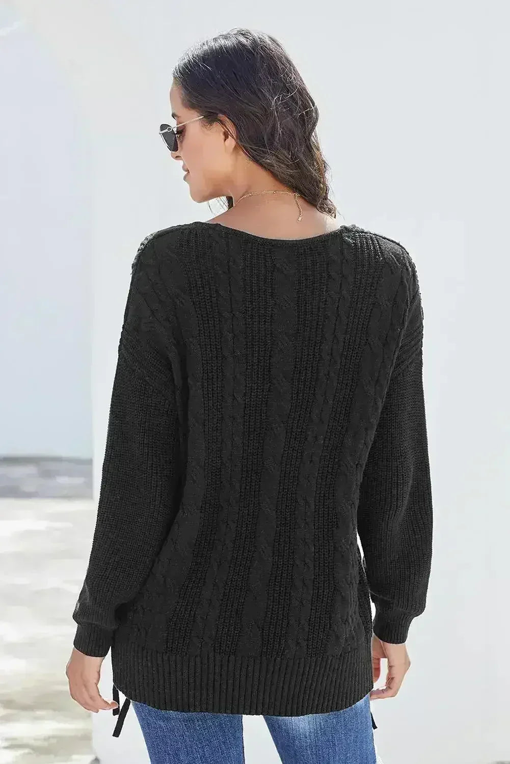 Black Love Letters Lace Up Cable Knit Sweater - SJB-DIAMOND ELITES