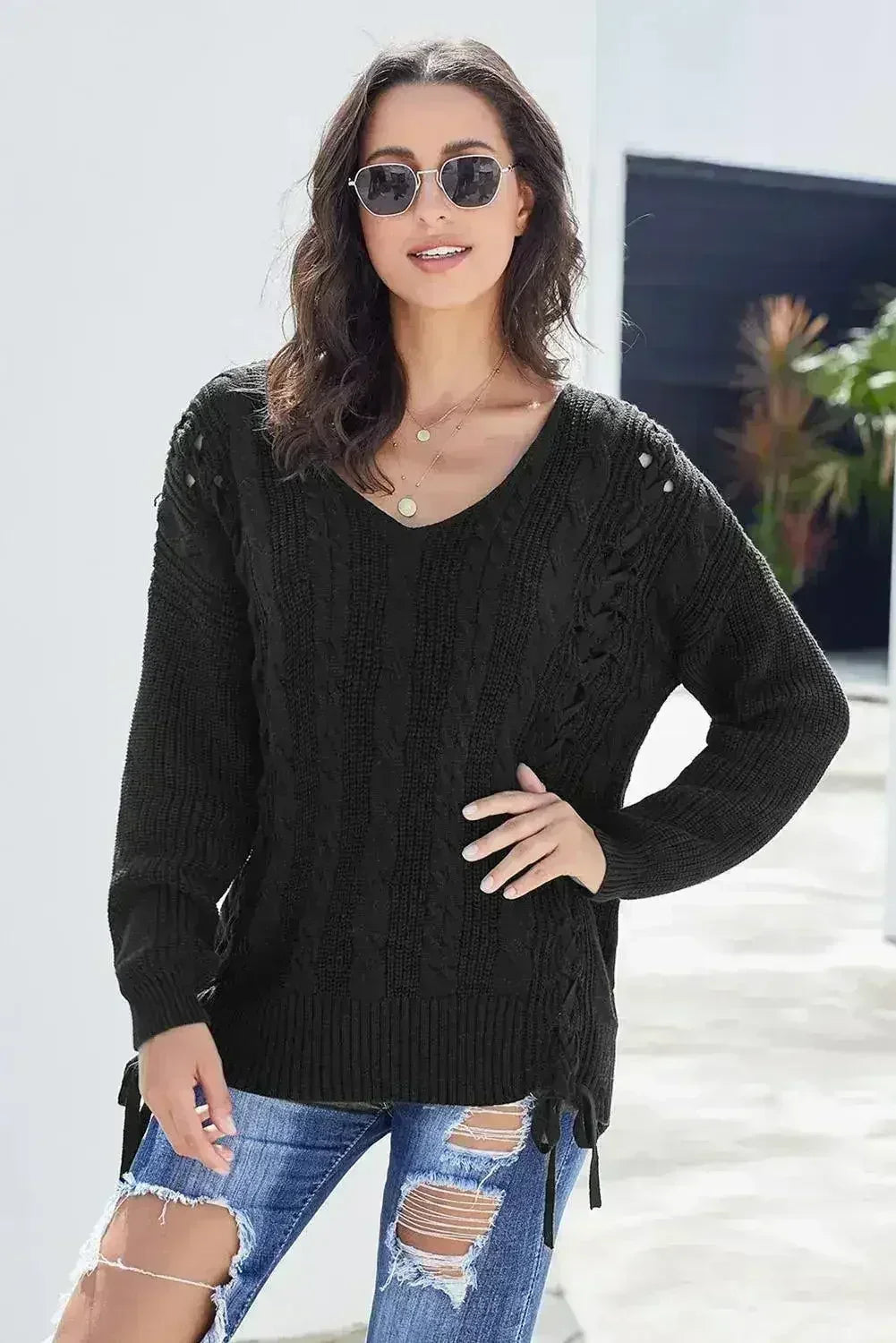 Black Love Letters Lace Up Cable Knit Sweater - SJB-DIAMOND ELITES