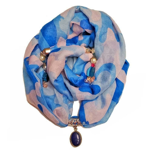 Blue Camouflage Cotton Pendant Scarf With Gem Pendant