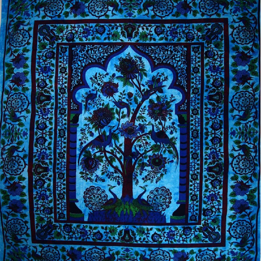 Blue Tree Of Life Peacock Tapestry Wall Hanging Boho Decor