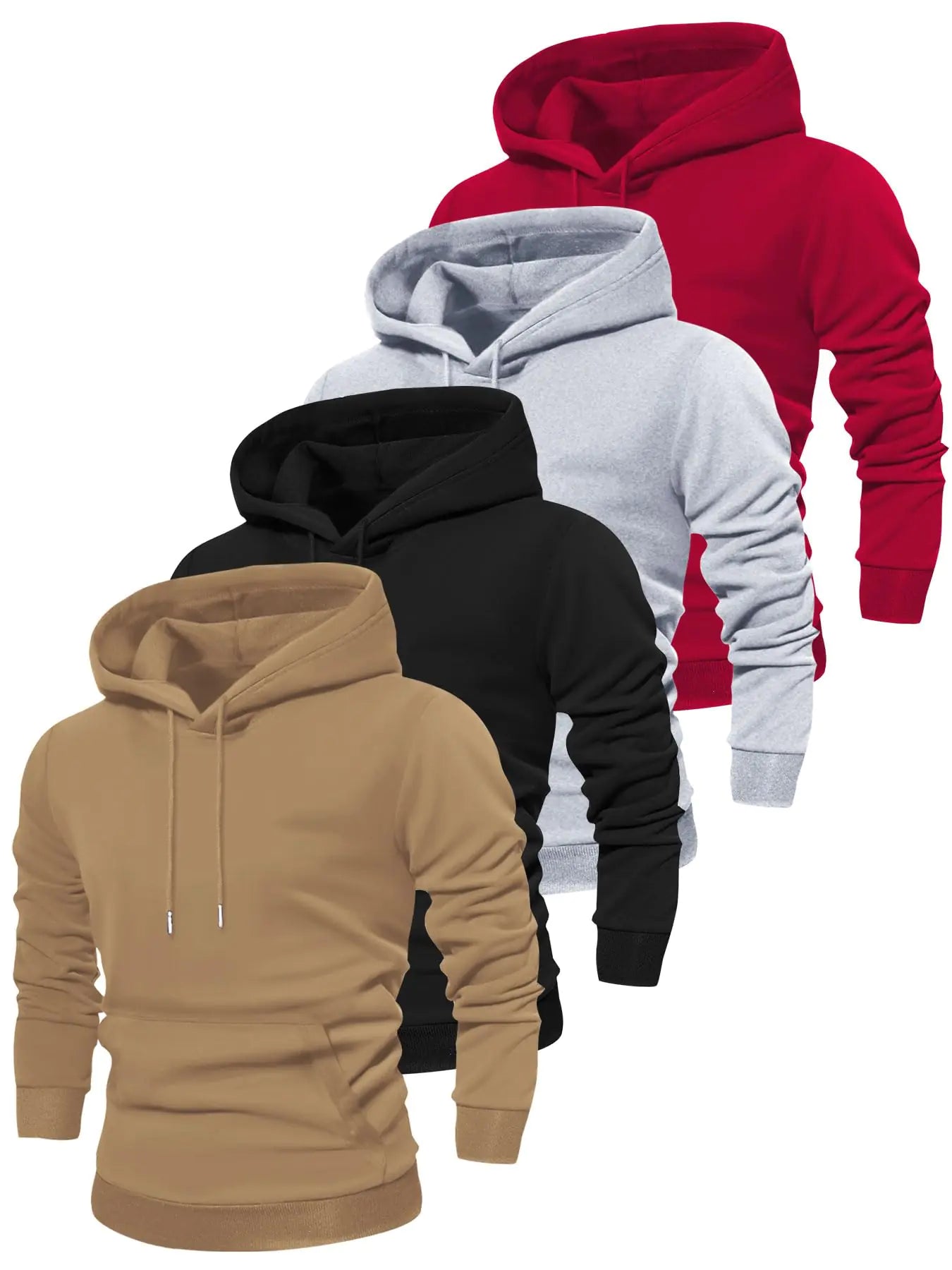 4 Packs Mens Clothing Solid Hooded Sweatshirt Stylish Hoodies Fashion Casual Tops For Spring Autumn (US Alpha Small Regular Regular Khaki+Black+Gray+Red) Lootquake LLC