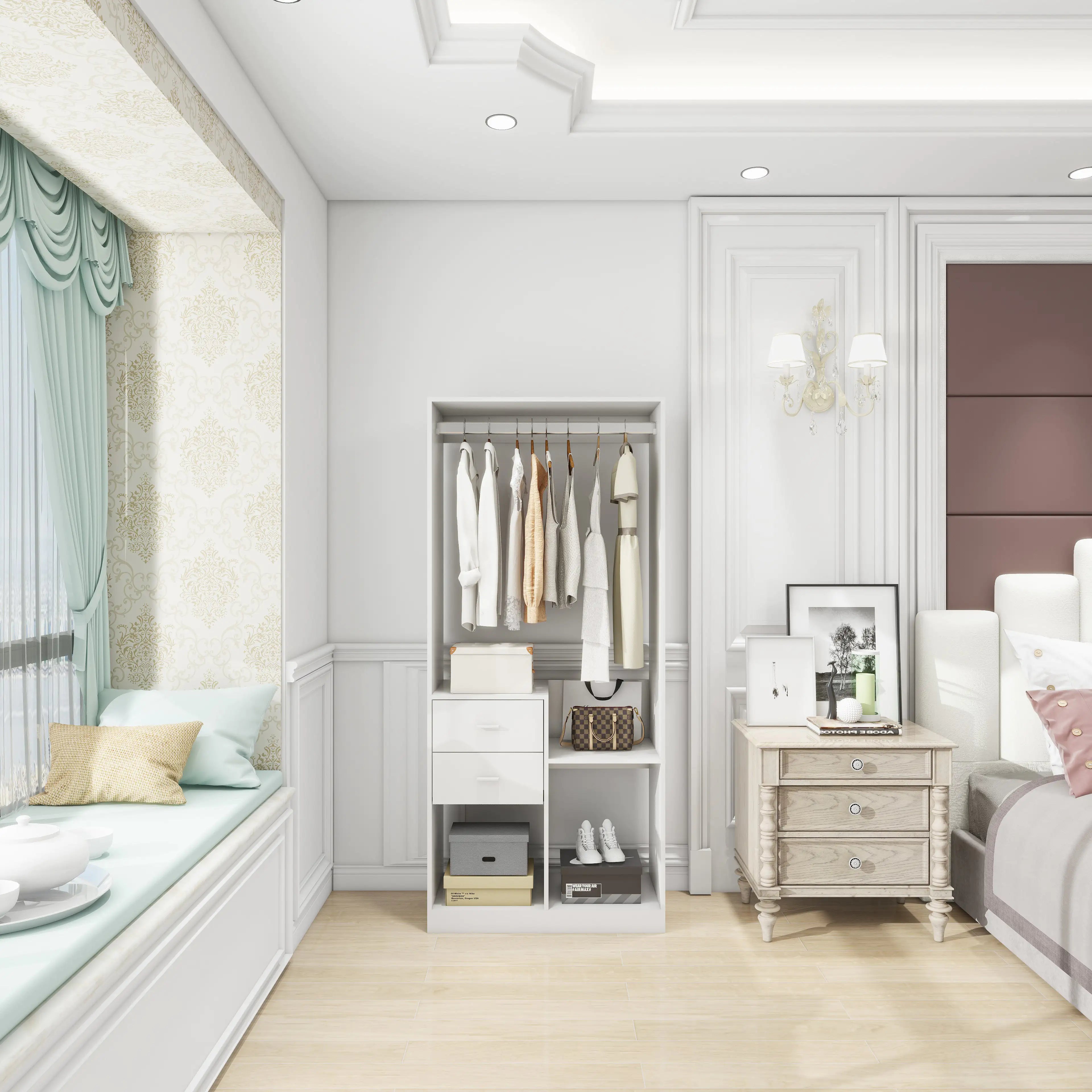 302 Freestanding Closet System 71"H Closet System with Drawers, Wooden Wardrobe Closet Organizer System with Closet Drawers, clothes organizer Clothing Racks for Hanging Clothes with Closet Shelves Wall Mounted, White Pi-Mart