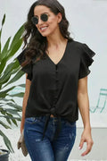 Black Button Down Tie Top - Casual V-Neck Blouse | Femstylo - SJB-DIAMOND ELITES