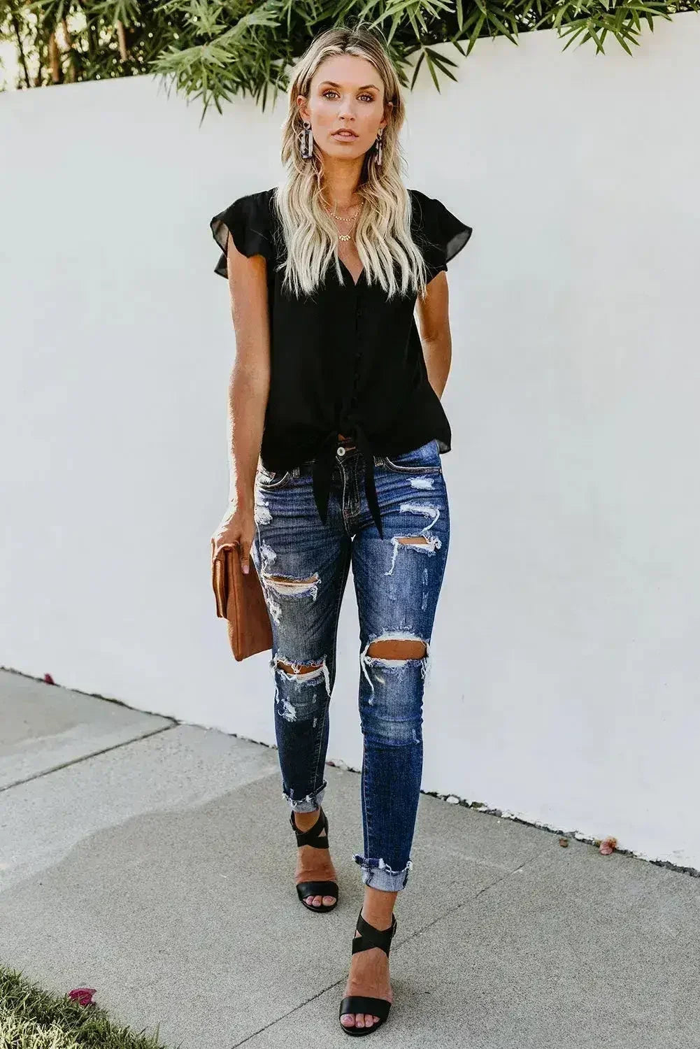Black Button Down Tie Top - Casual V-Neck Blouse | Femstylo - SJB-DIAMOND ELITES