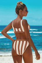 Brown Athletic Striped Tank Sport High Waist Swimwear