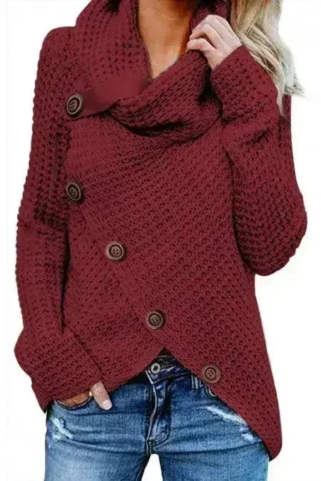 Burgundy Buttoned Wrap Turtleneck Sweater - SJB-DIAMOND ELITES