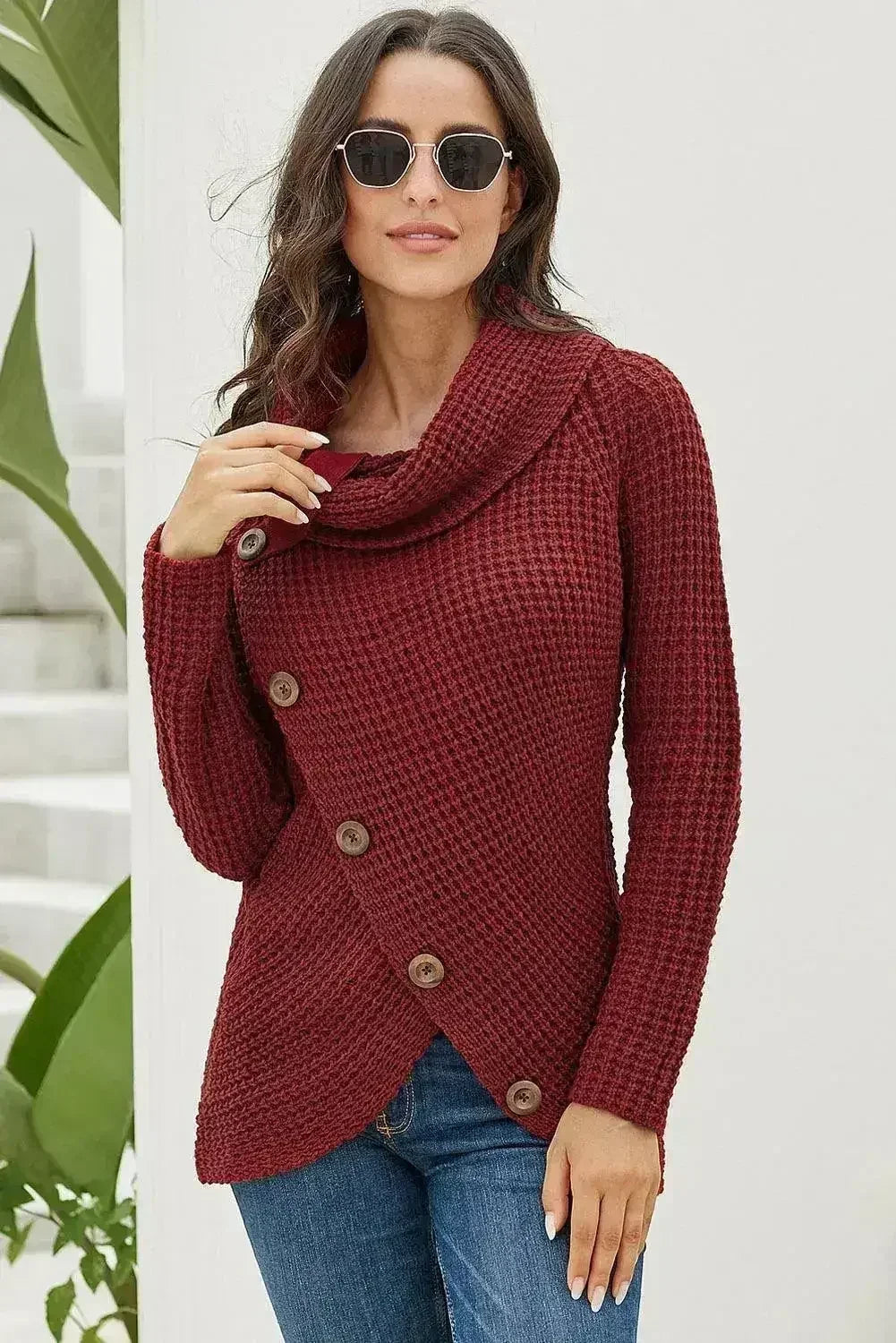 Burgundy Buttoned Wrap Turtleneck Sweater - SJB-DIAMOND ELITES