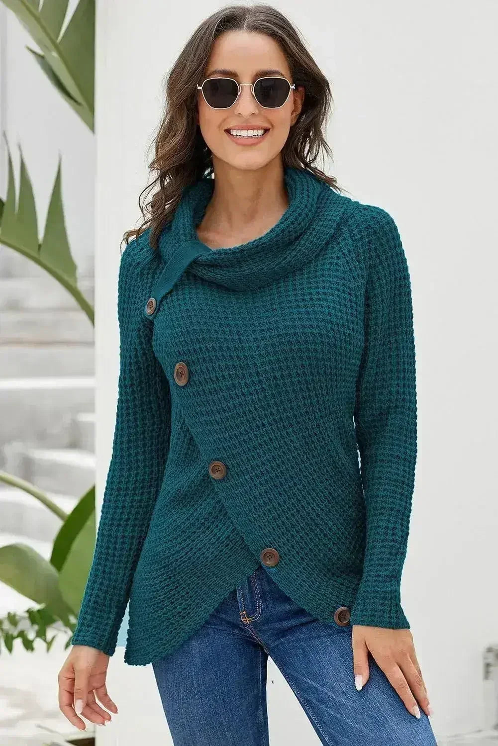Slate Blue Buttoned Wrap Turtleneck Sweater - SJB-DIAMOND ELITES