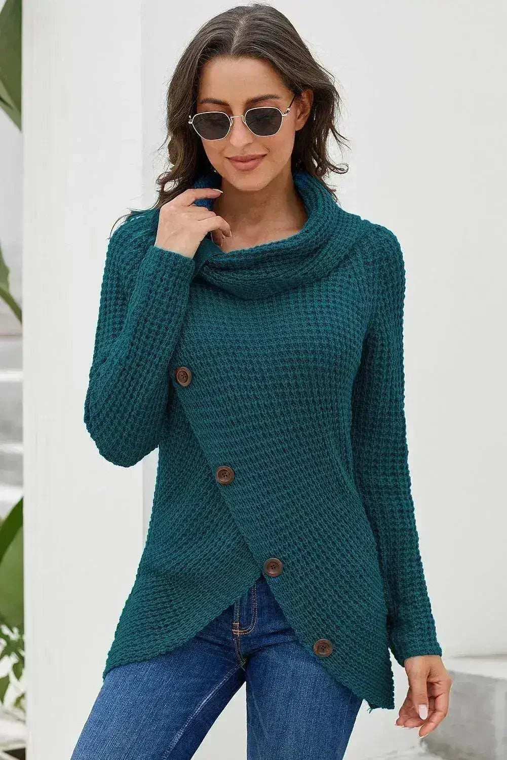Slate Blue Buttoned Wrap Turtleneck Sweater - SJB-DIAMOND ELITES