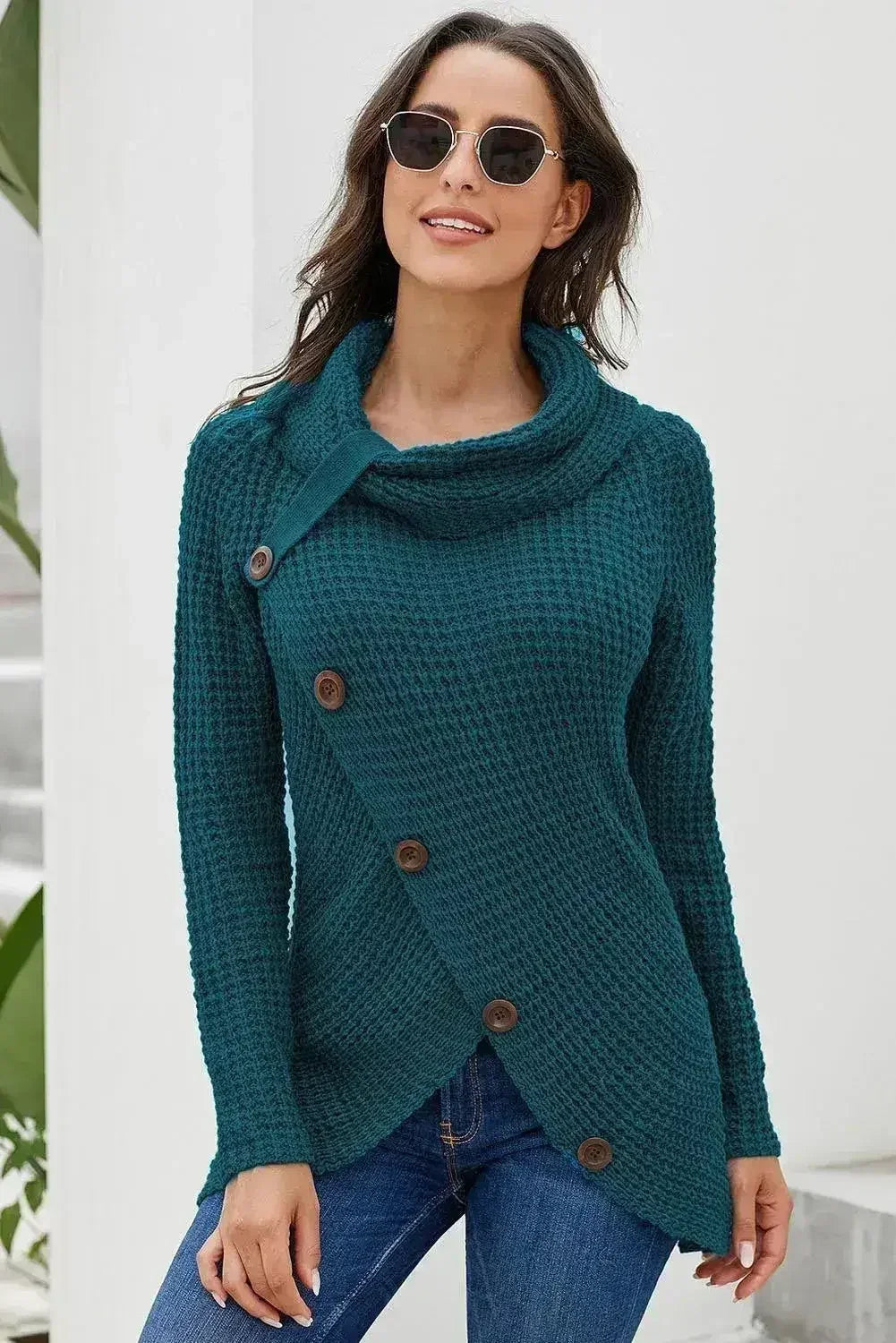Slate Blue Buttoned Wrap Turtleneck Sweater - SJB-DIAMOND ELITES