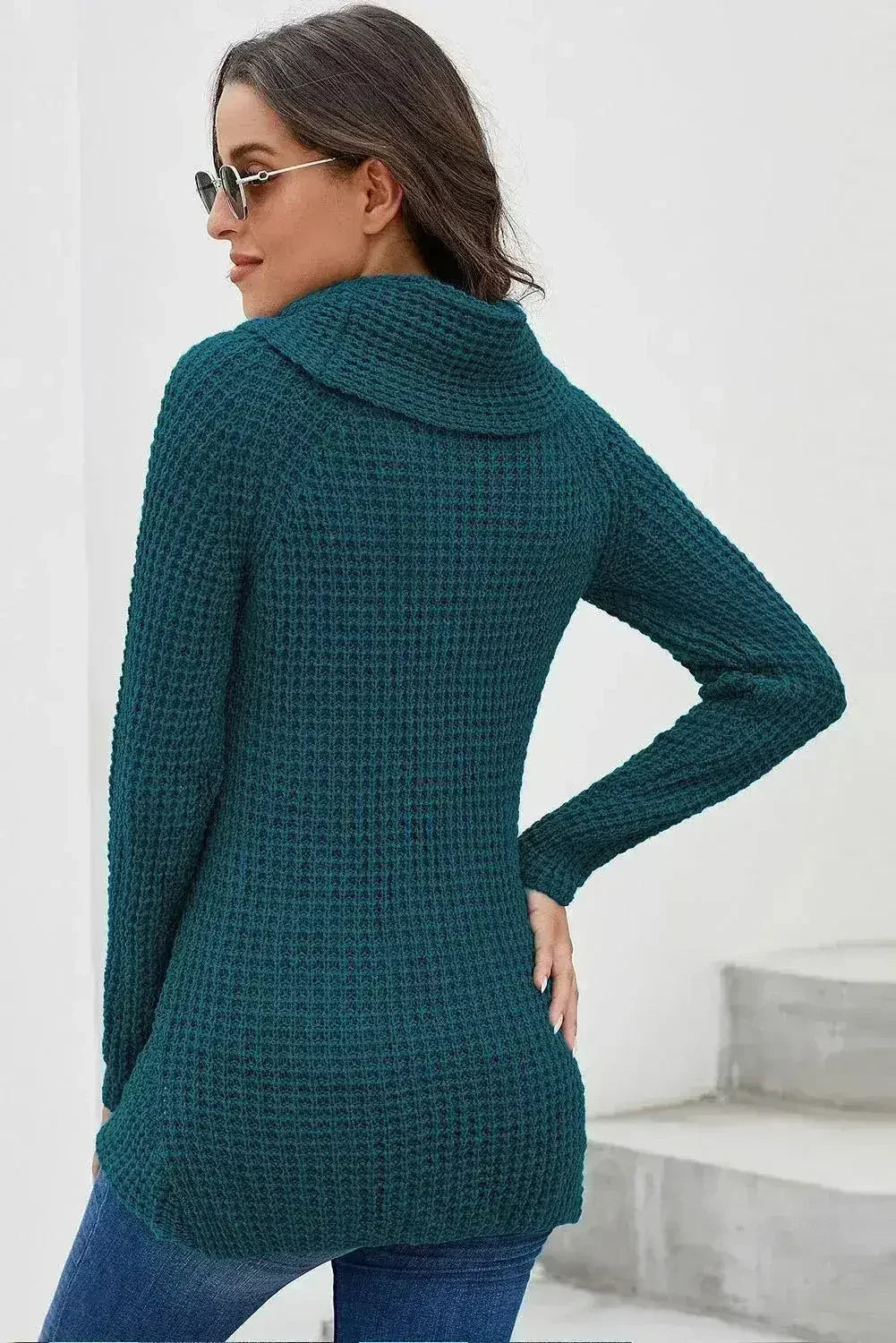 Slate Blue Buttoned Wrap Turtleneck Sweater - SJB-DIAMOND ELITES