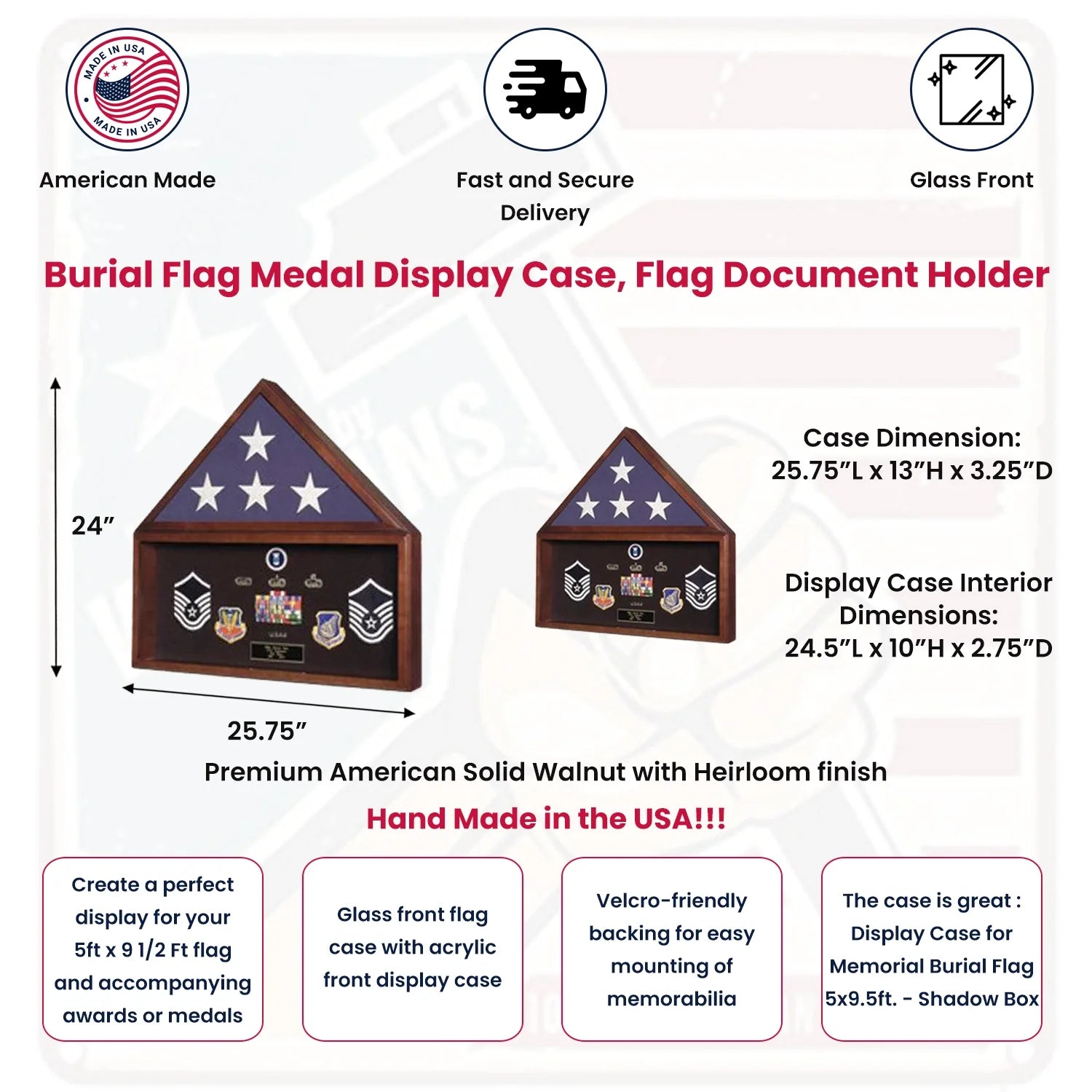 Burial Flag Medal Display case, Ceremonial Flag display - Fit 3' x 5' Flag or Fit 5' x 9.5' Casket Flag. The Military Gift Store