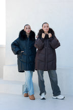Celeste Genuine Fur Trim Down Fill Coat in Fig
