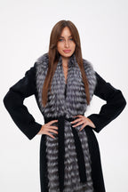 Genuine Silver Fox Virgin Wool Wrap Coat in Black - SJB-DIAMOND ELITES
