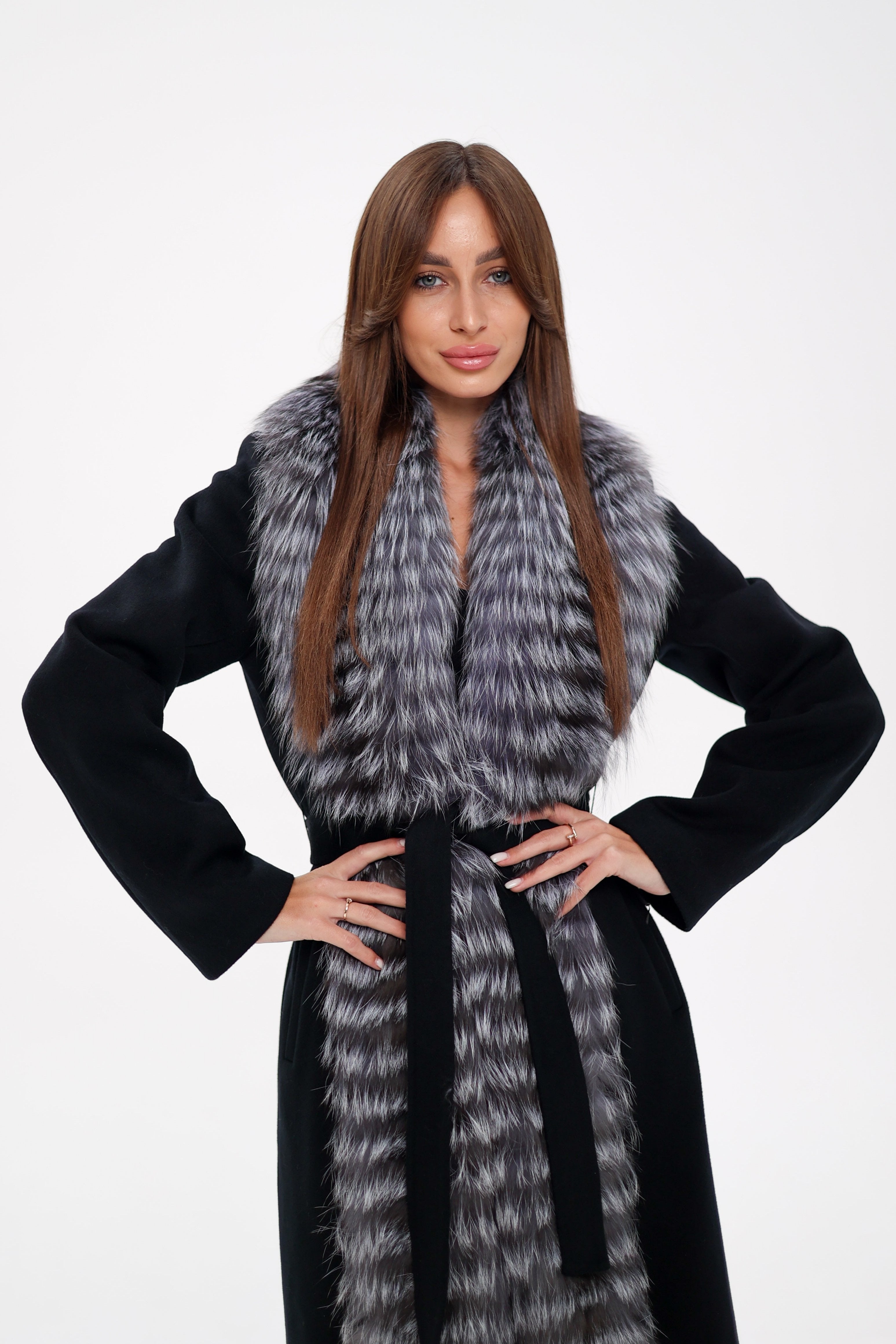 Genuine Silver Fox Virgin Wool Wrap Coat in Black - SJB-DIAMOND ELITES