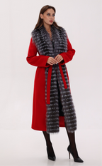 Genuine Silver Fox Virgin Wool Wrap Coat in Red - SJB-DIAMOND ELITES