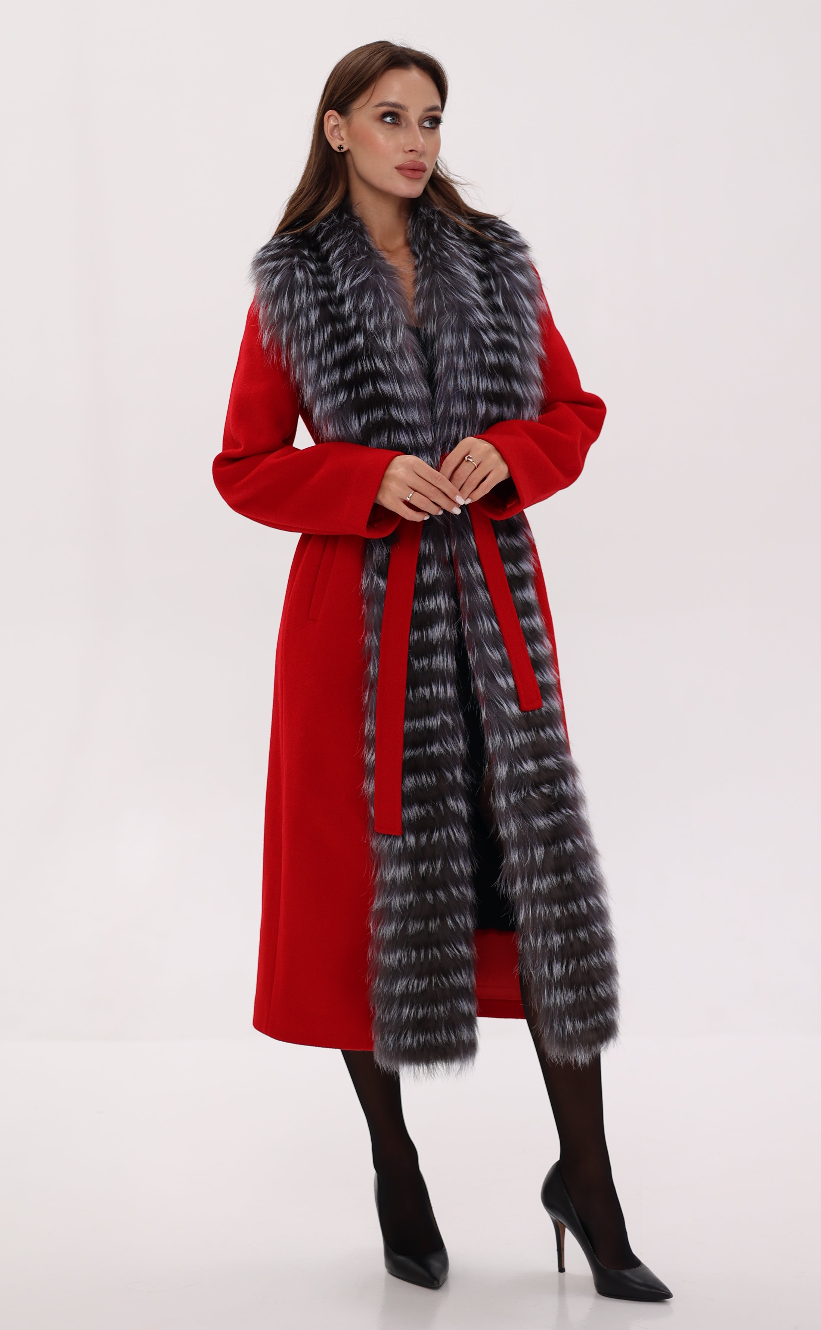 Genuine Silver Fox Virgin Wool Wrap Coat in Red - SJB-DIAMOND ELITES