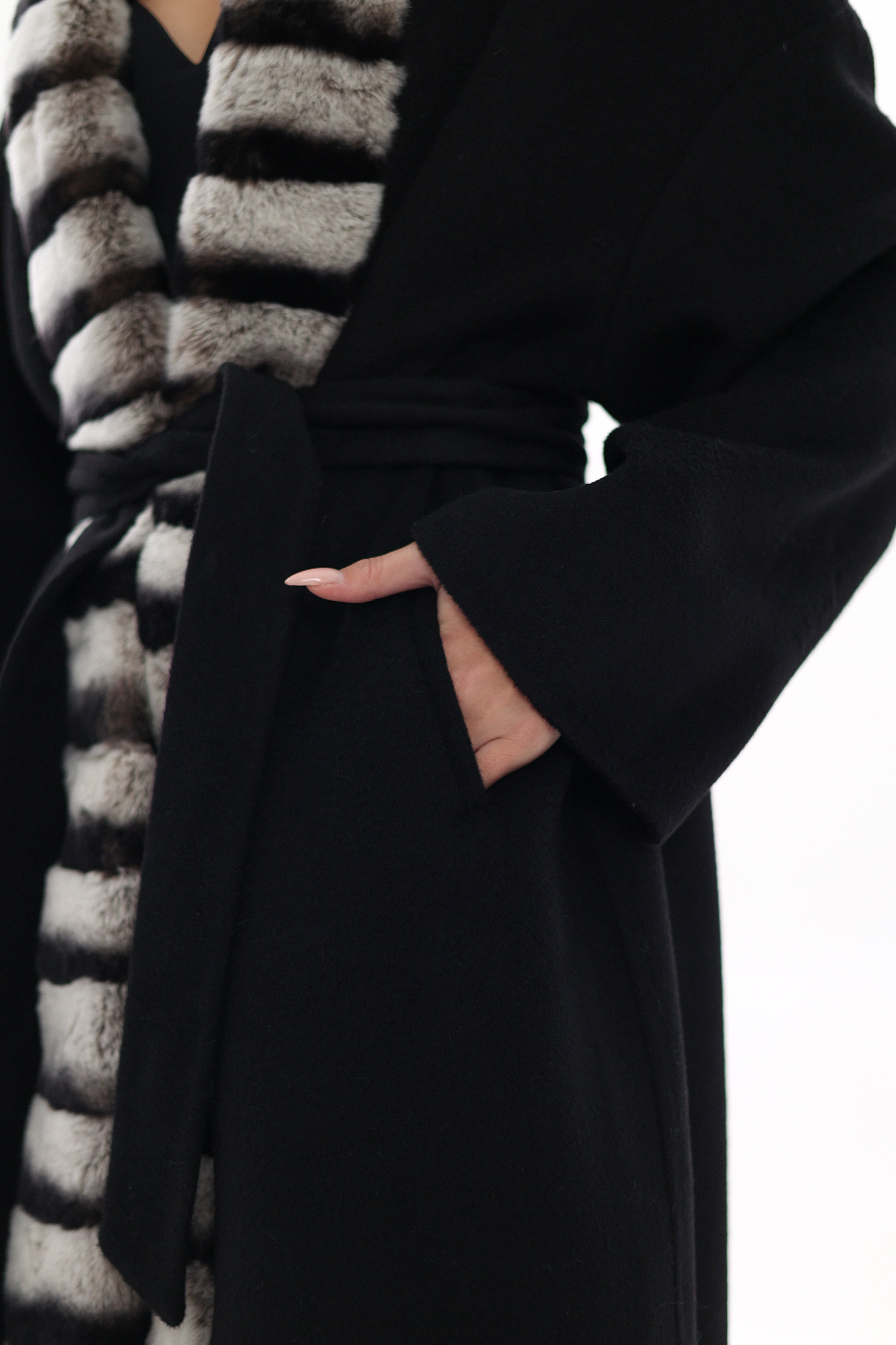 Genuine  French Orylag Fur Italian Cashmere Wool Coat 85cm
