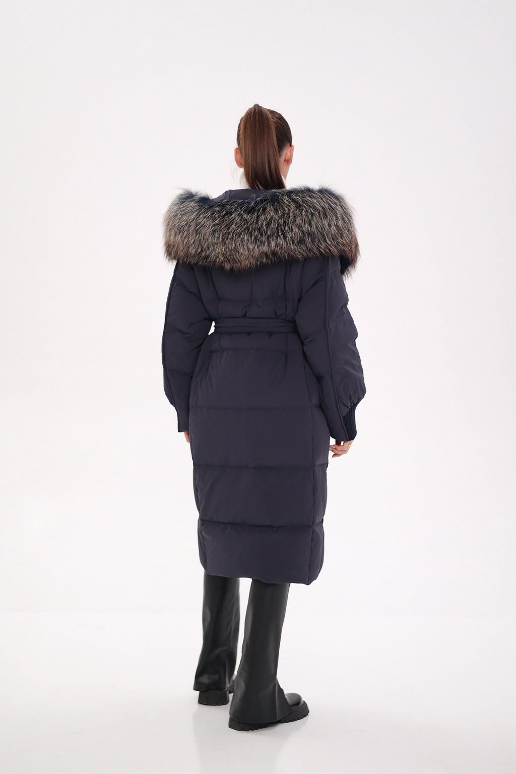 Rei Genuine Fur Trim Hooded Down Coat in Navy - SJB-DIAMOND ELITES
