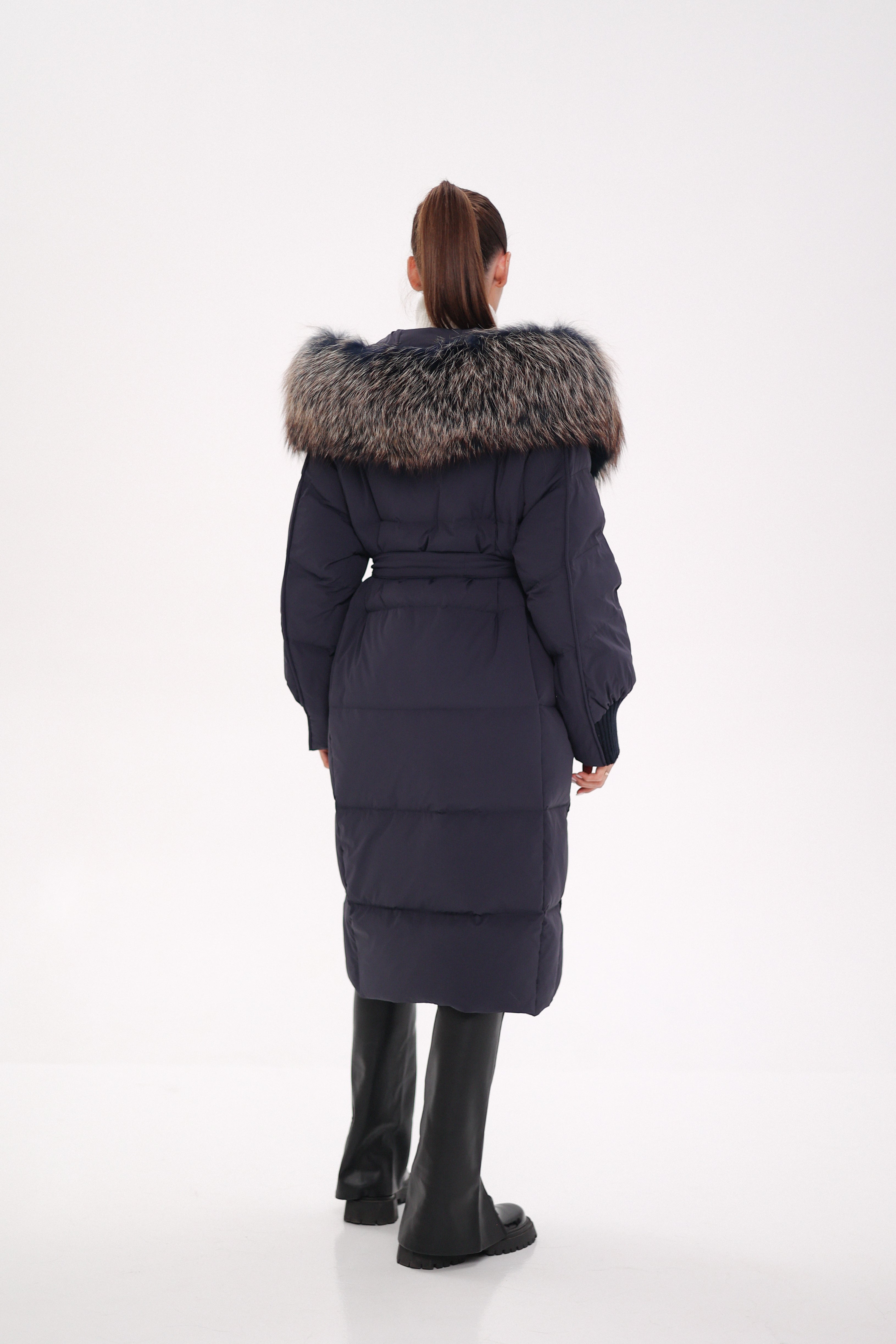 Rei Genuine Fur Trim Hooded Down Coat in Navy - SJB-DIAMOND ELITES