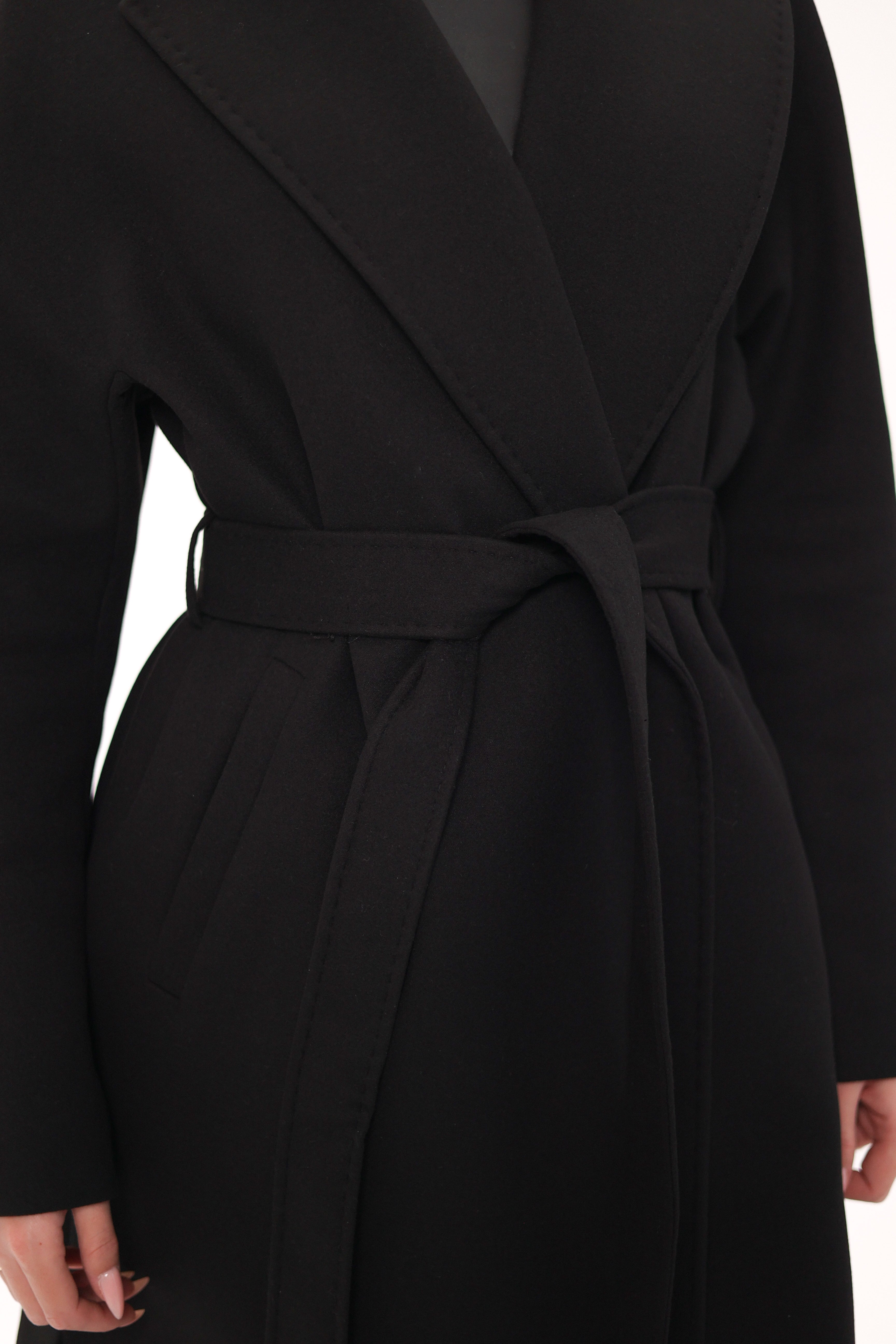 Pre-Order. Re-Stock Ships February 2026. Cambridge Comfort Wraparound Wool Cashmere Coat in Black