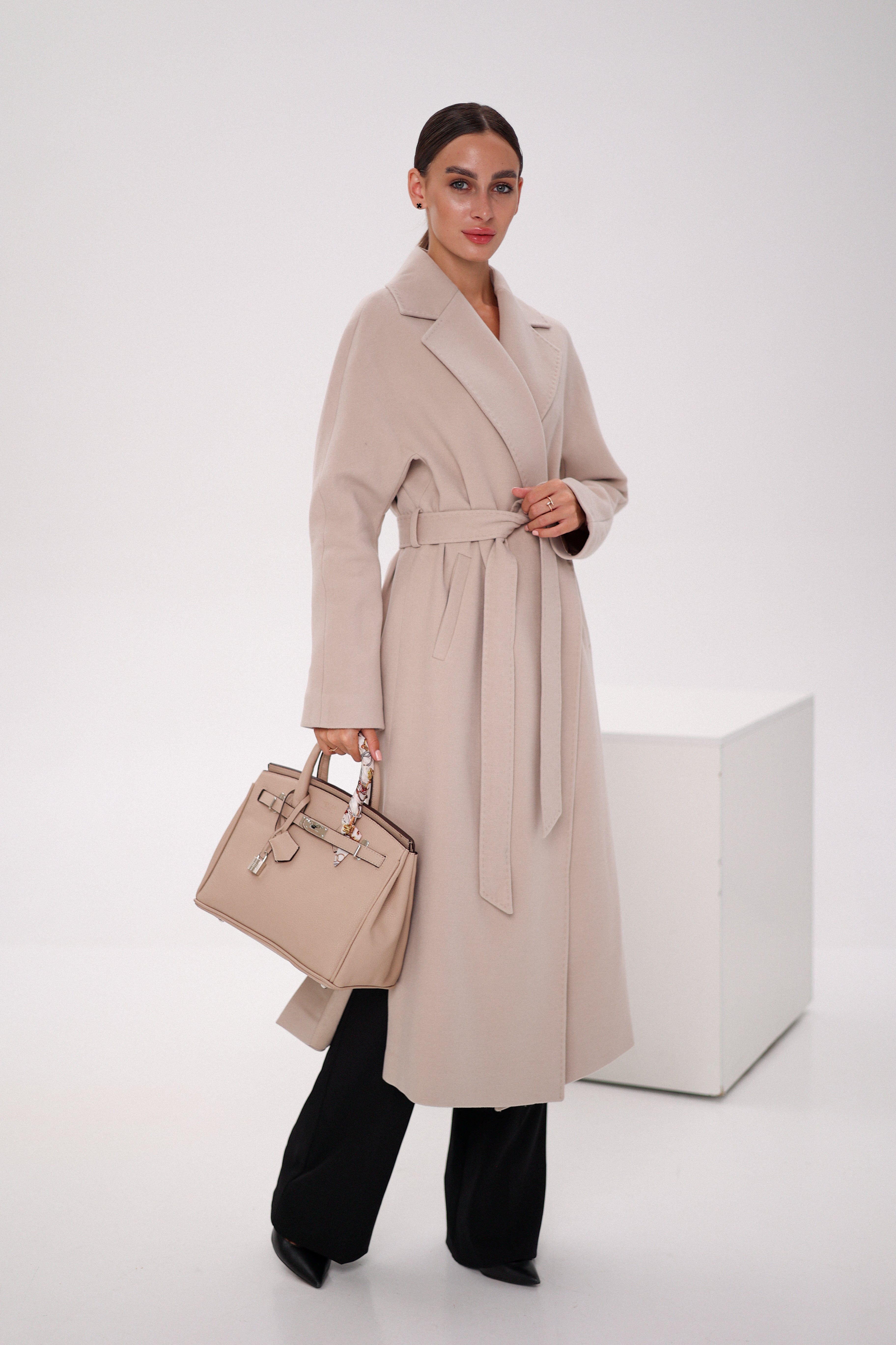 Pre-Order. Re-Stock Ships February 2026. Cambridge Comfort Wraparound Wool Cashmere Coat in Nude - SJB-DIAMOND ELITES