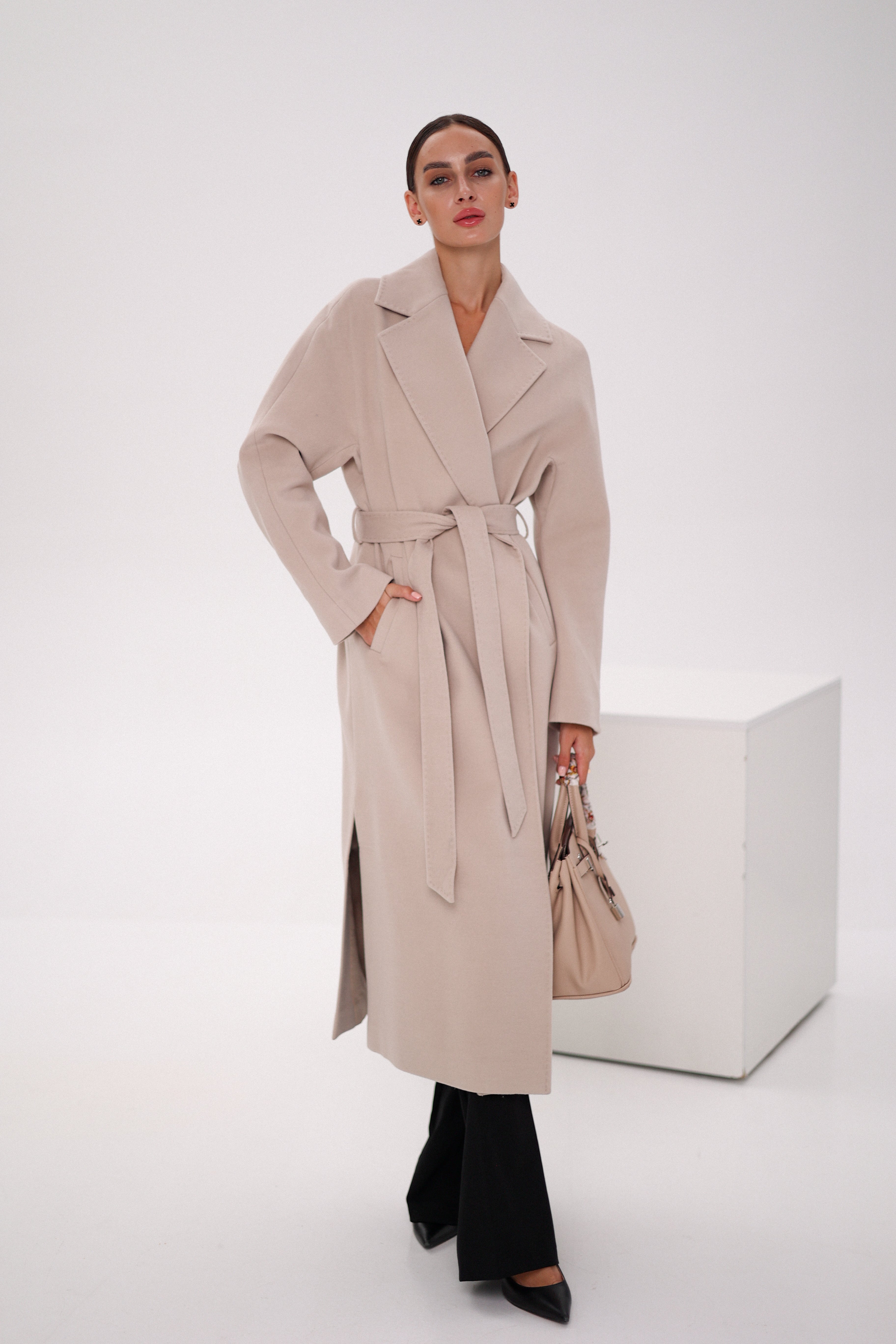Pre-Order. Re-Stock Ships February 2026. Cambridge Comfort Wraparound Wool Cashmere Coat in Nude - SJB-DIAMOND ELITES