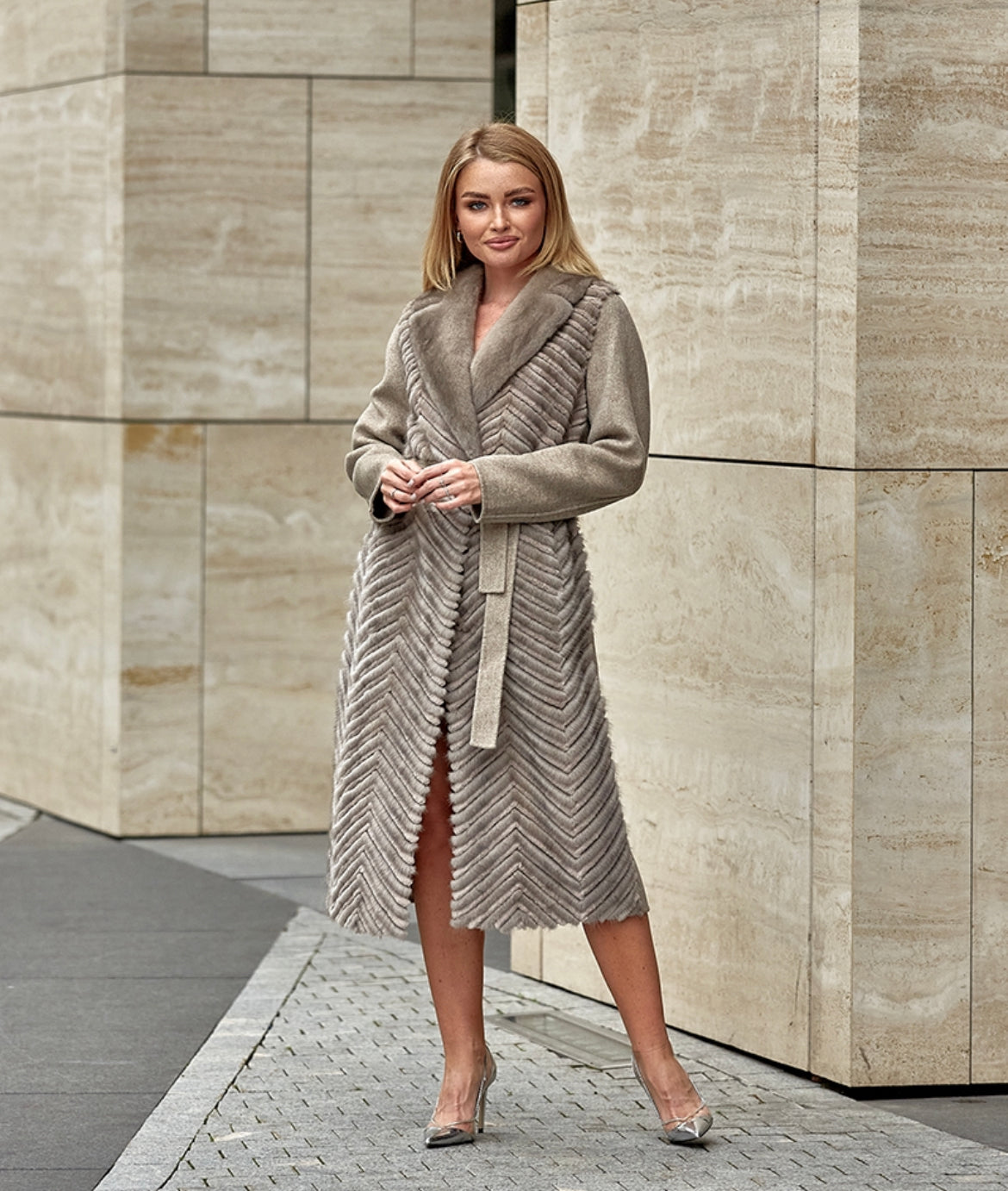 Genuine Mink Fur Rex Fur Trim Virgin Wool Coat in Beige - SJB-DIAMOND ELITES