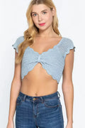 Short Sleeve V-neck Front Knot Detail Sweater Knit Crop Top - SJB-DIAMOND ELITES