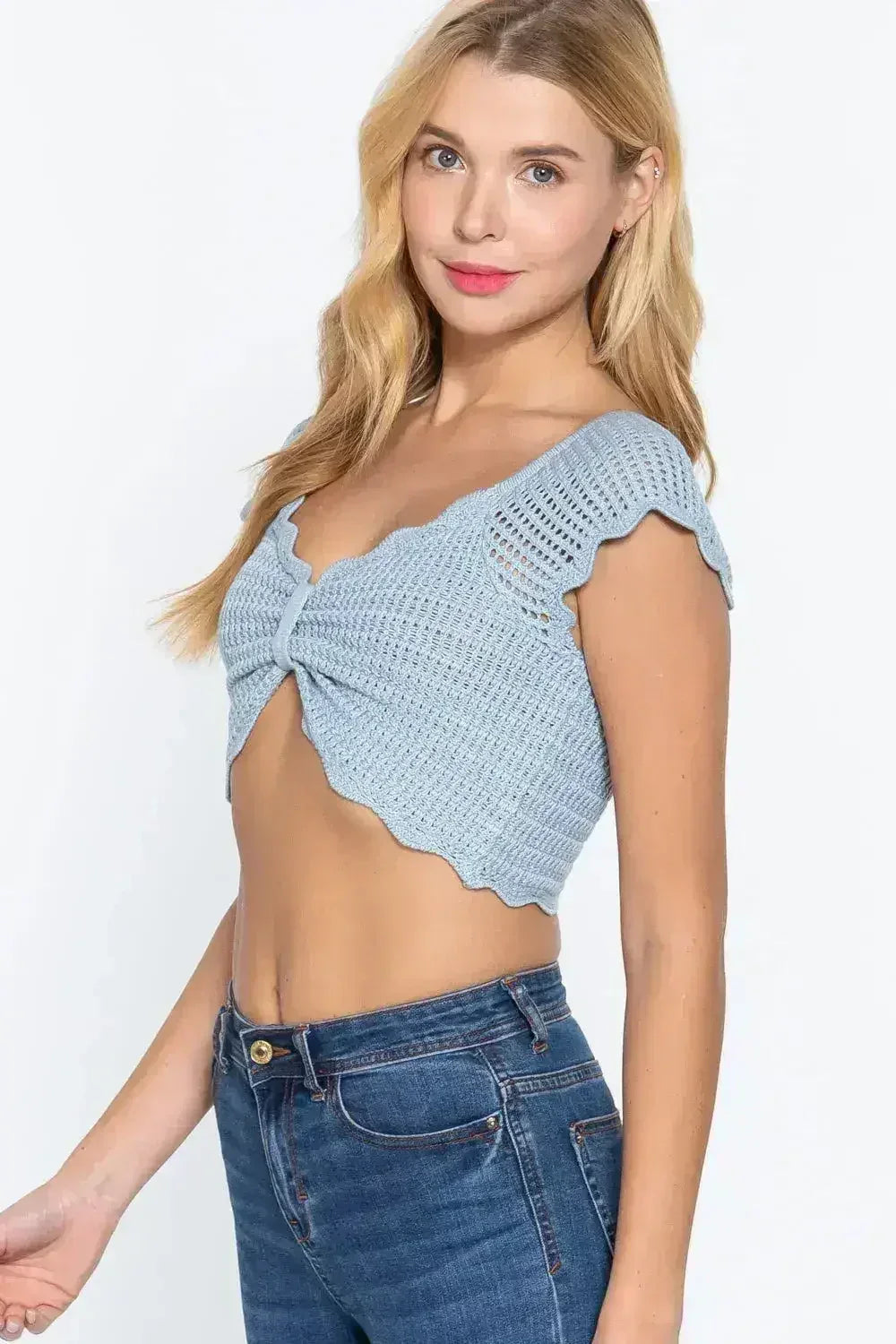 Short Sleeve V-neck Front Knot Detail Sweater Knit Crop Top - SJB-DIAMOND ELITES