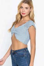 Short Sleeve V-neck Front Knot Detail Sweater Knit Crop Top - SJB-DIAMOND ELITES