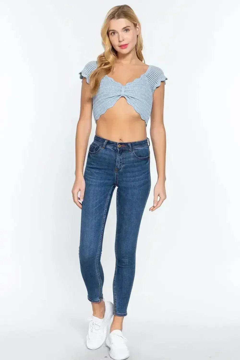 Short Sleeve V-neck Front Knot Detail Sweater Knit Crop Top - SJB-DIAMOND ELITES