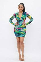 Printed V-Neck Dress - Long Sleeve Flowy Dress | Femstylo