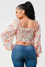 Chic Floral Sweetheart Smocked Body Blouse Top
