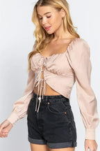 Long Sleeve Sweetheart Neck Front Ribbon Tie Woven Top | Femstylo