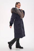 Rei Genuine Fur Trim Hooded Down Coat in Navy - SJB-DIAMOND ELITES