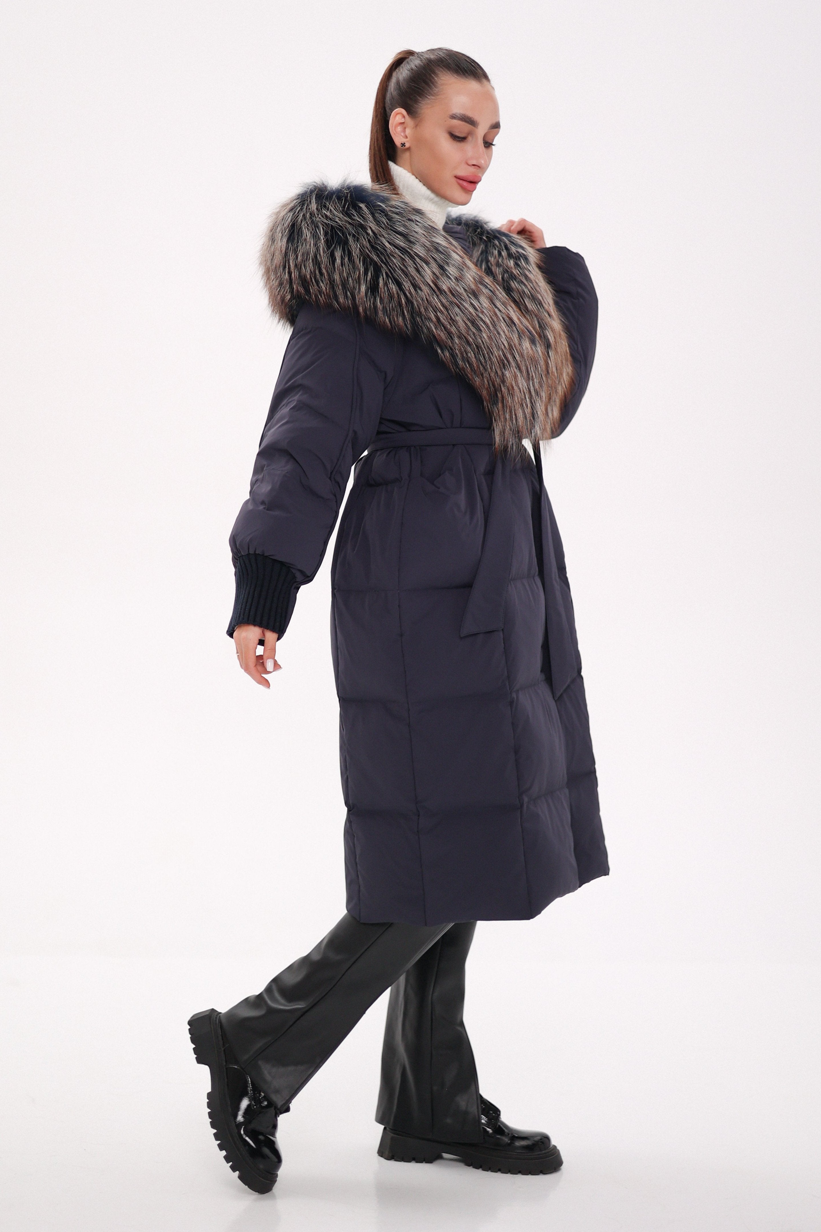Rei Genuine Fur Trim Hooded Down Coat in Navy - SJB-DIAMOND ELITES