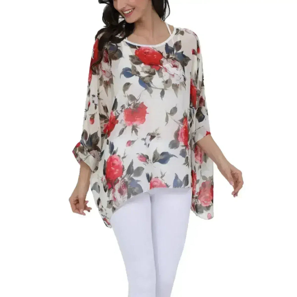 Rose Floral Chiffon Top - Boho Summer Loose Blouse | Femstylo - SJB-DIAMOND ELITES