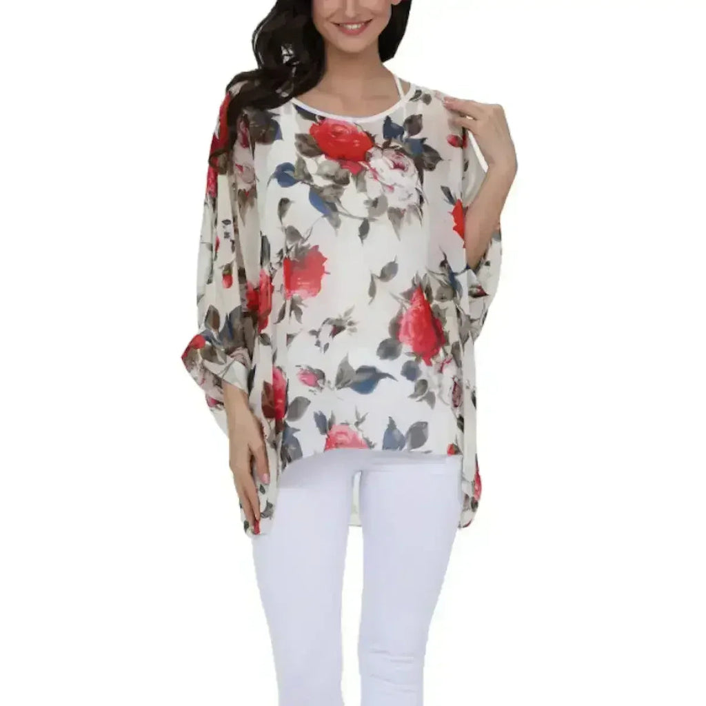 Rose Floral Chiffon Top - Boho Summer Loose Blouse | Femstylo - SJB-DIAMOND ELITES