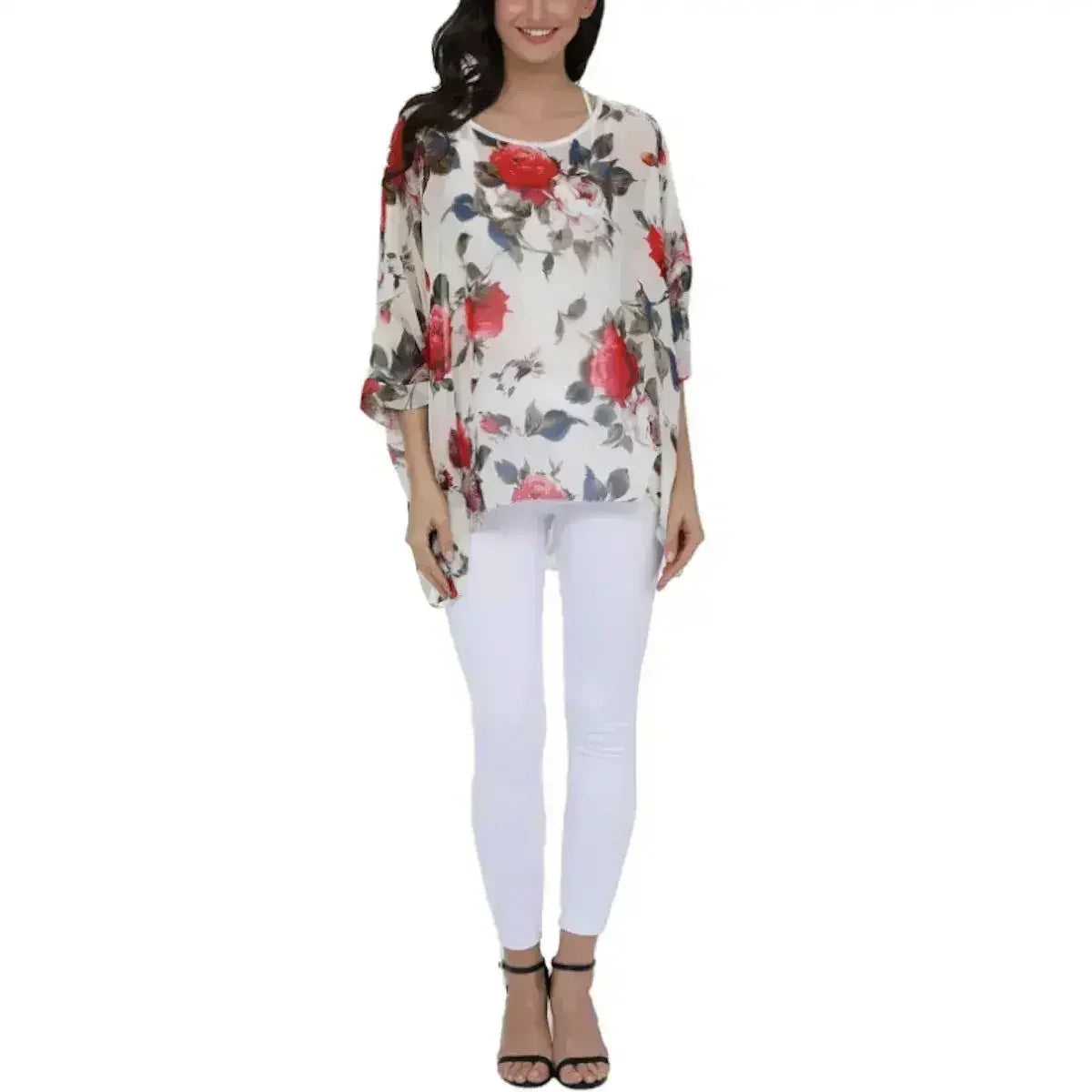 Rose Floral Chiffon Top - Boho Summer Loose Blouse | Femstylo - SJB-DIAMOND ELITES