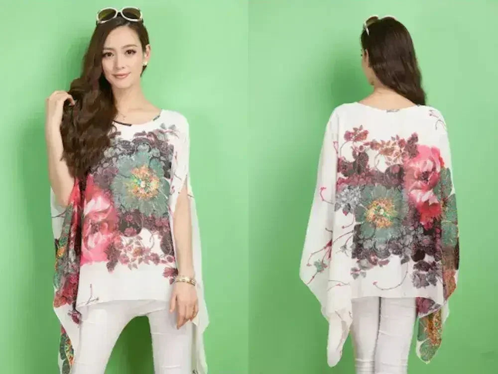 Peony Floral Top - Batwing Chiffon Blouse | Femstylo - SJB-DIAMOND ELITES