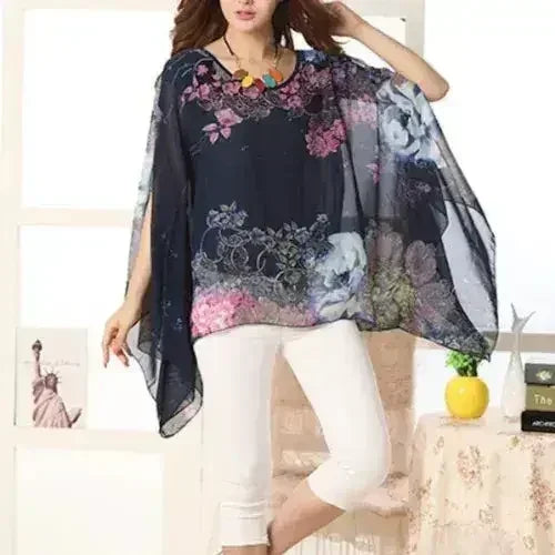 Peony Floral Top - Batwing Chiffon Blouse | Femstylo - SJB-DIAMOND ELITES