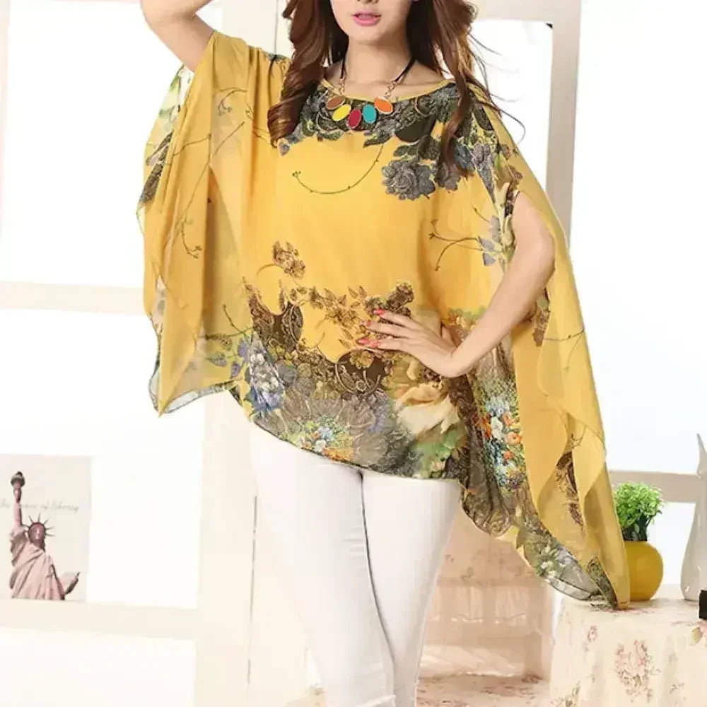 Peony Floral Top - Batwing Chiffon Blouse | Femstylo - SJB-DIAMOND ELITES