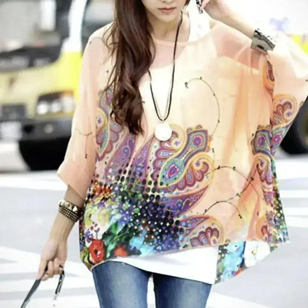 Paisley Print Chiffon Top - Batwing Boho Blouse | Femstylo - SJB-DIAMOND ELITES