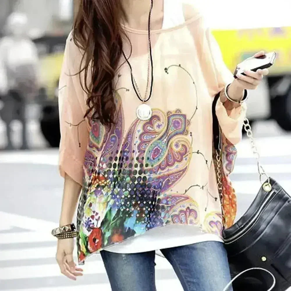 Paisley Print Chiffon Top - Batwing Boho Blouse | Femstylo - SJB-DIAMOND ELITES