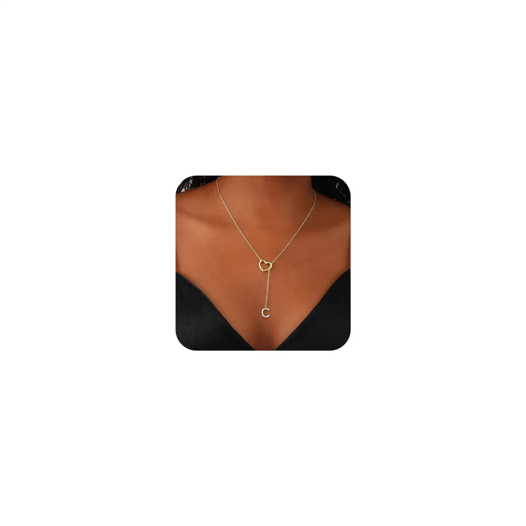 Lariat Initial necklaces for Women Dainty Gold Letter Drop Necklace with Heart 14K Gold Plated Y-Shaped Personalized Name Necklaces for Women Trendy Gold Jewelry Gift