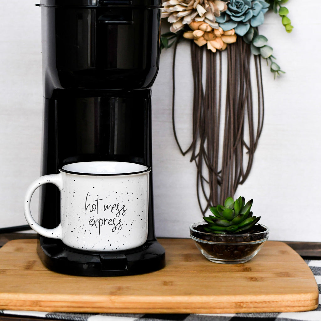 Tired As A Mother Campfire Mug Heavy Duty 15oz Oversized Ceramic Mug White Sesame Glaze Black Rim BandsCo Straps