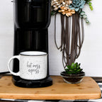 Tired As A Mother Campfire Mug Heavy Duty 15oz Oversized Ceramic Mug White Sesame Glaze Black Rim BandsCo Straps