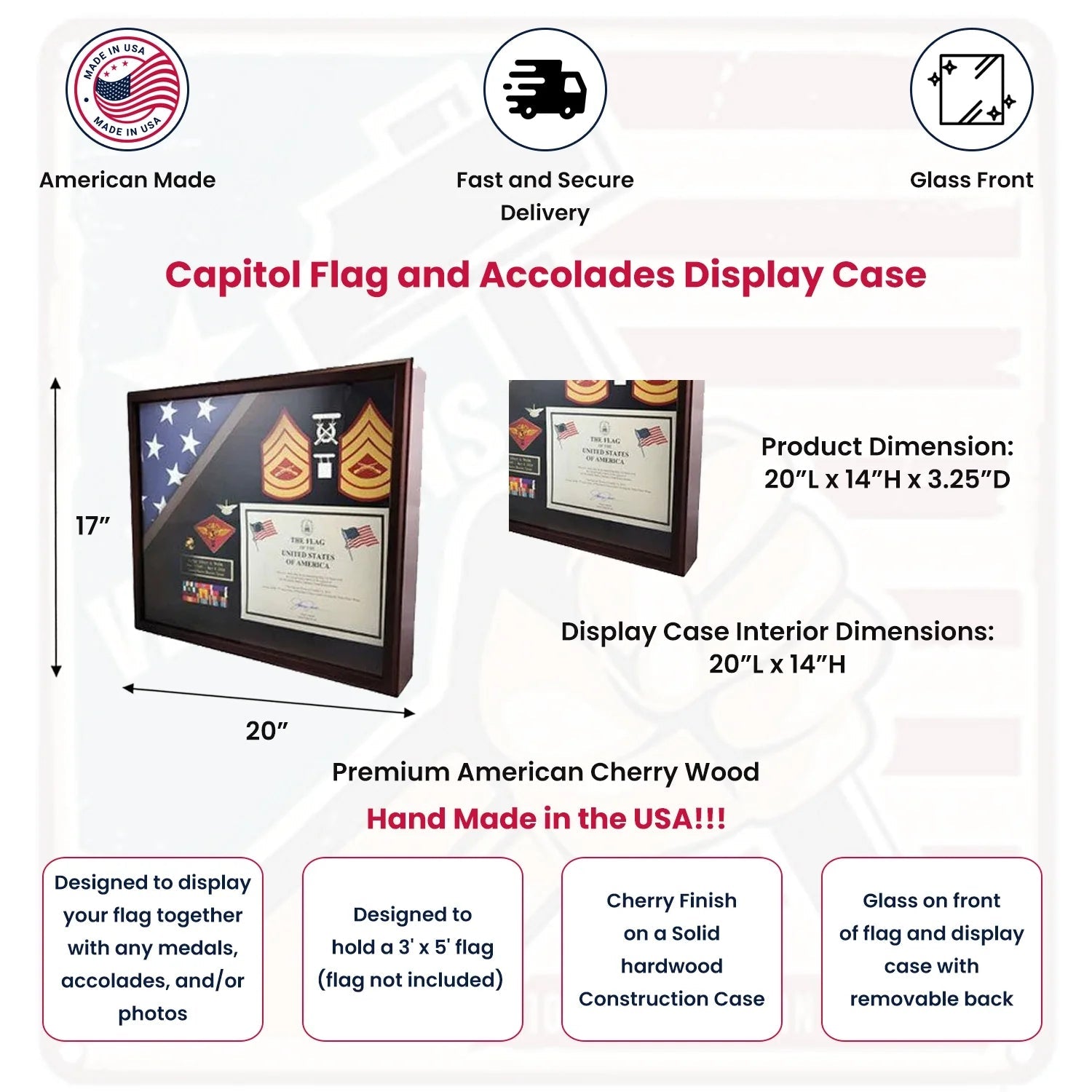 Shadow box for 3x5 flag, Cherry finish The Military Gift Store